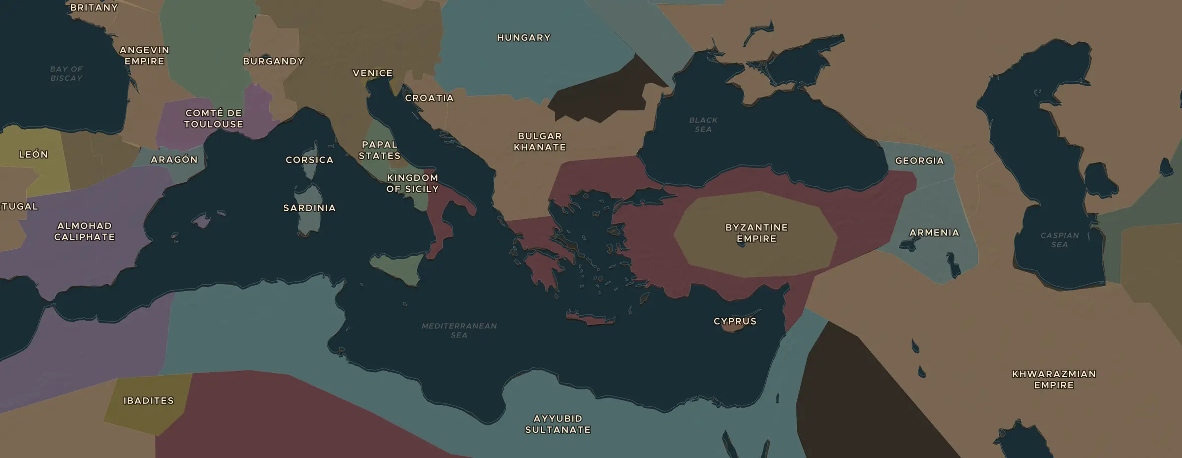De ChronoAtlas-kaart in 1190 n.Chr., met de plekken uit deze les