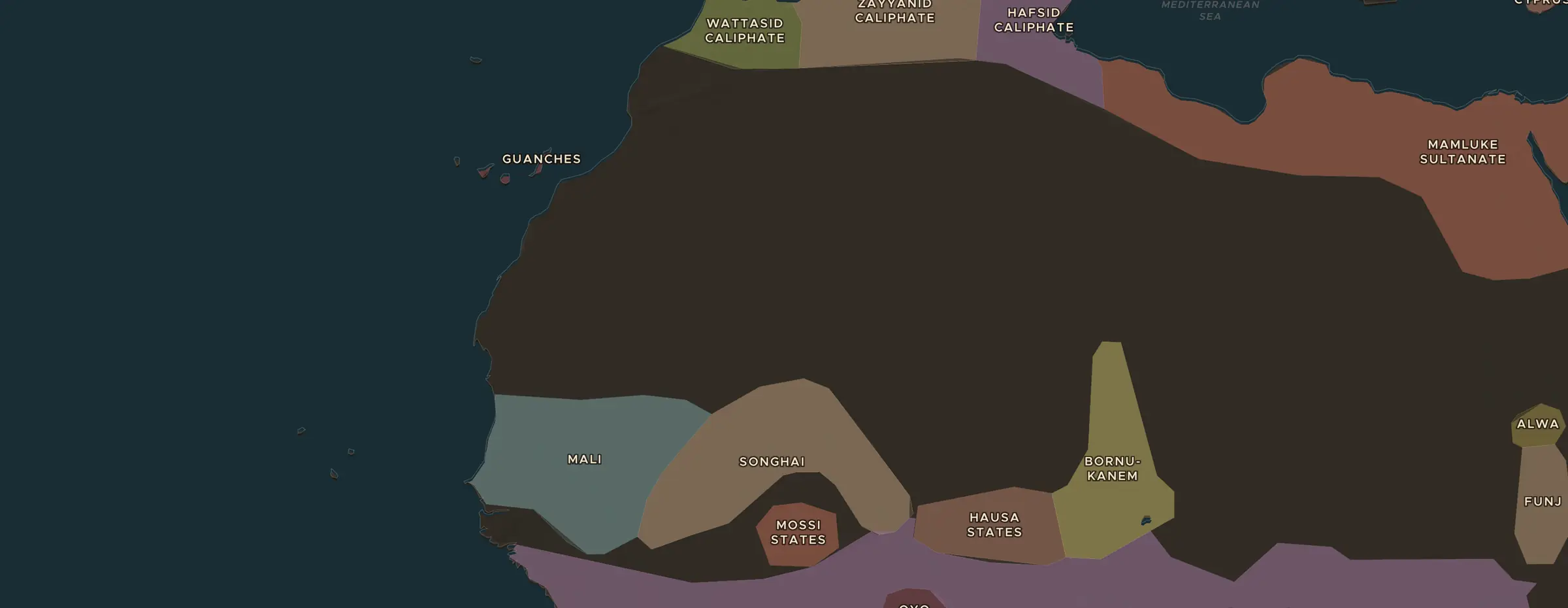 De ChronoAtlas-kaart in 1500 n.Chr., met de plekken uit deze les