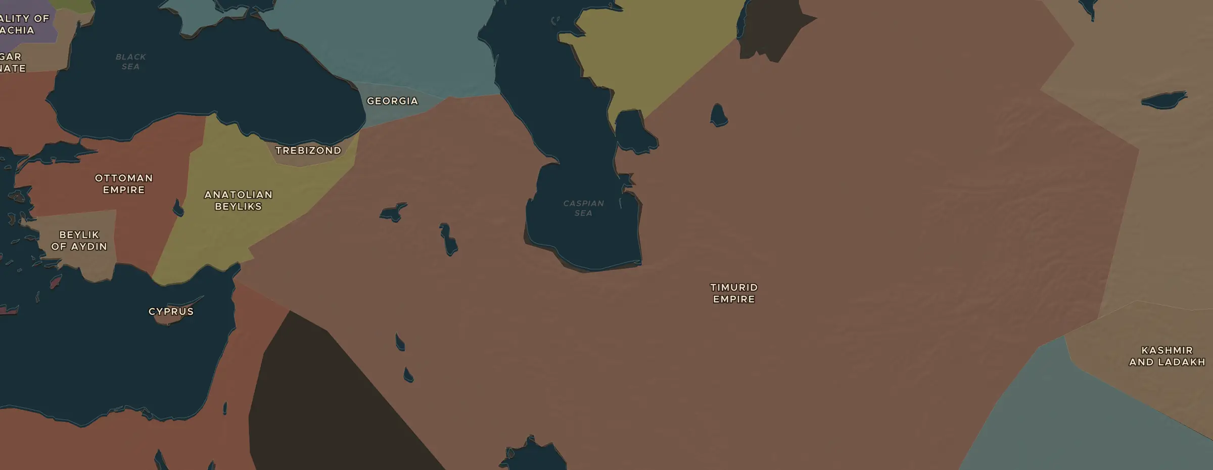 De ChronoAtlas-kaart in 1400 n.Chr., met de plekken uit deze les