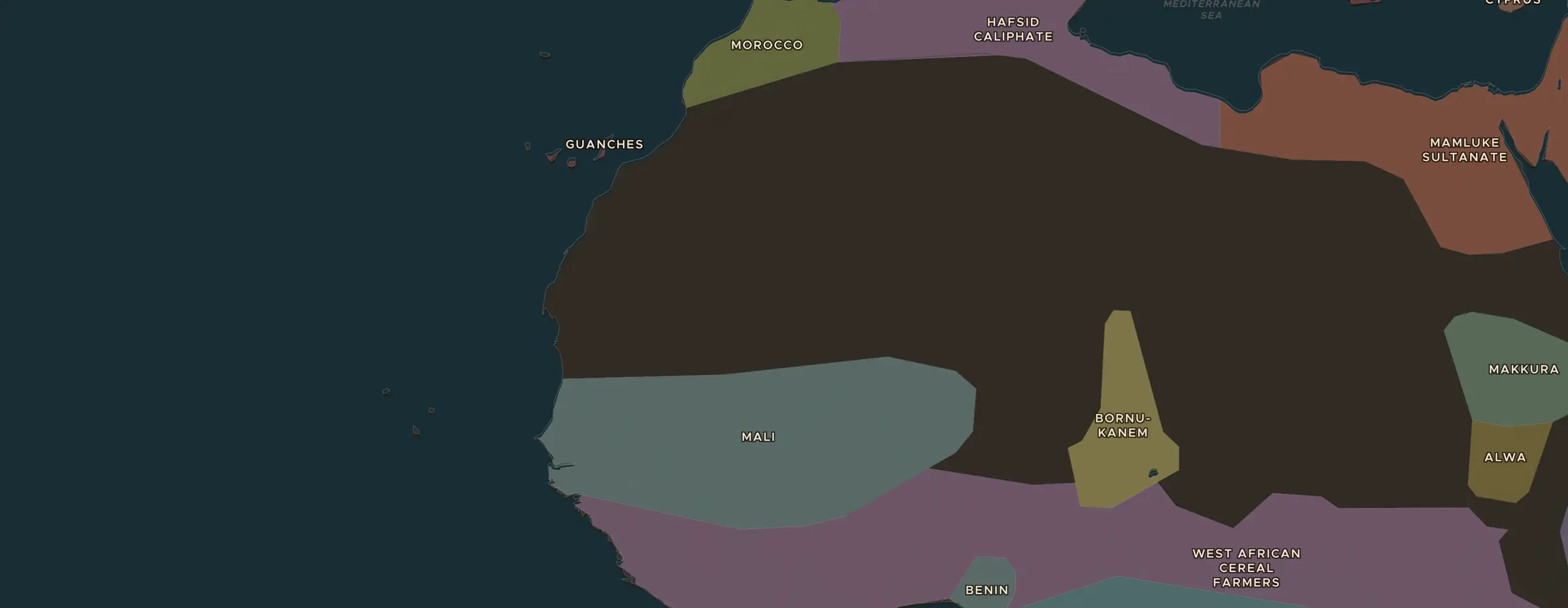 De ChronoAtlas-kaart in 1300 n.Chr., met de plekken uit deze les
