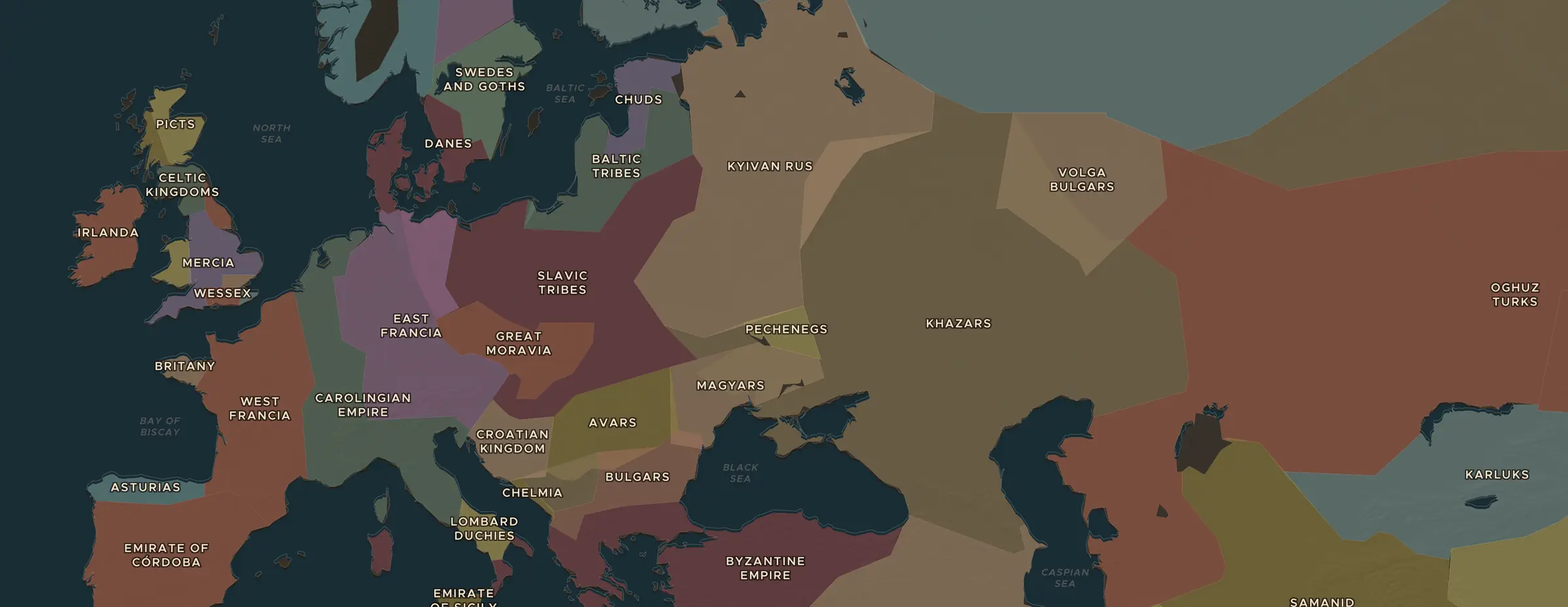 Die ChronoAtlas-Karte im Jahr 900 n. Chr., mit allen Stationen dieser Stunde