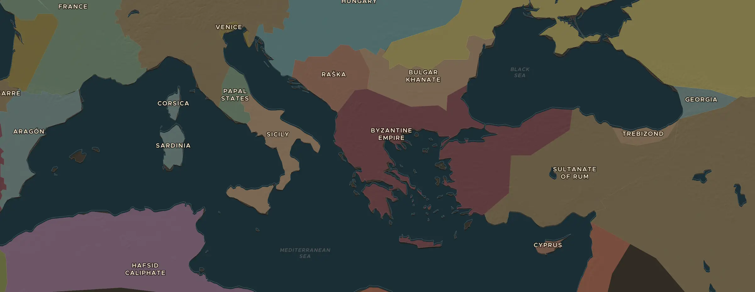 De ChronoAtlas-kaart in 1300 n.Chr., met de plekken uit deze les