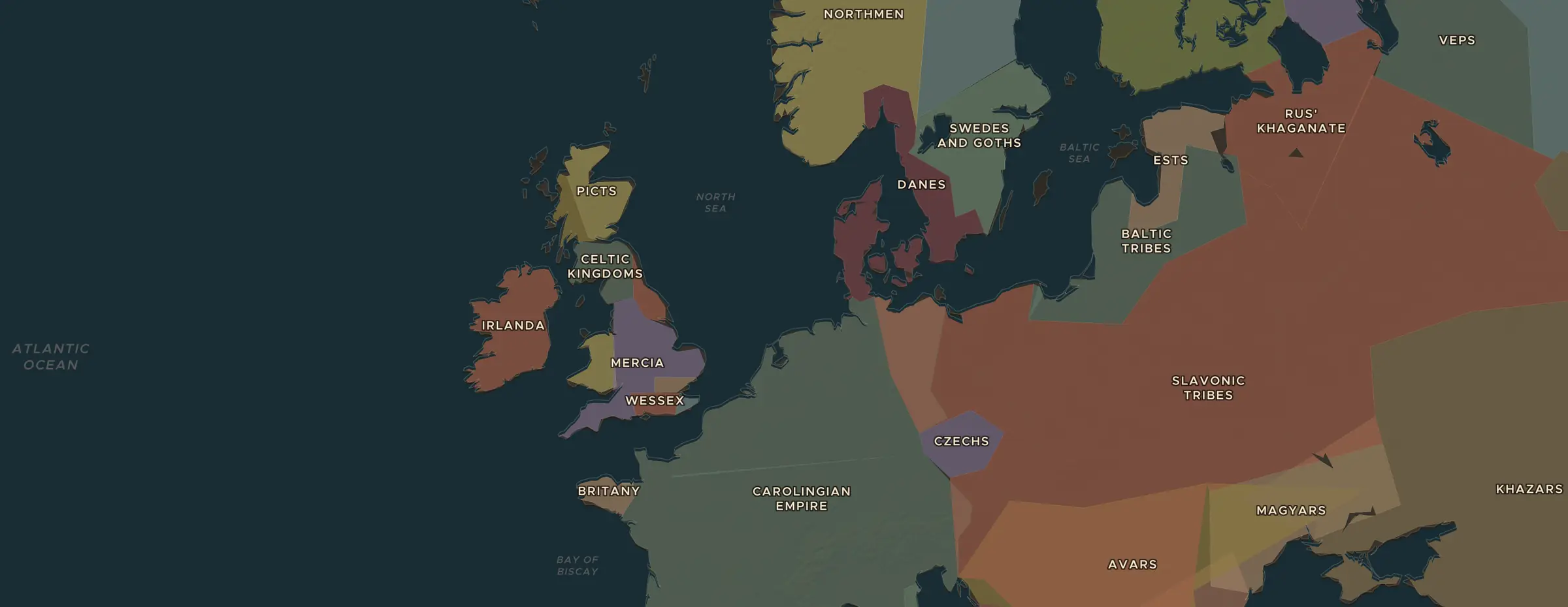 El mapa de ChronoAtlas en 800 d. C., con los lugares que visita esta lección
