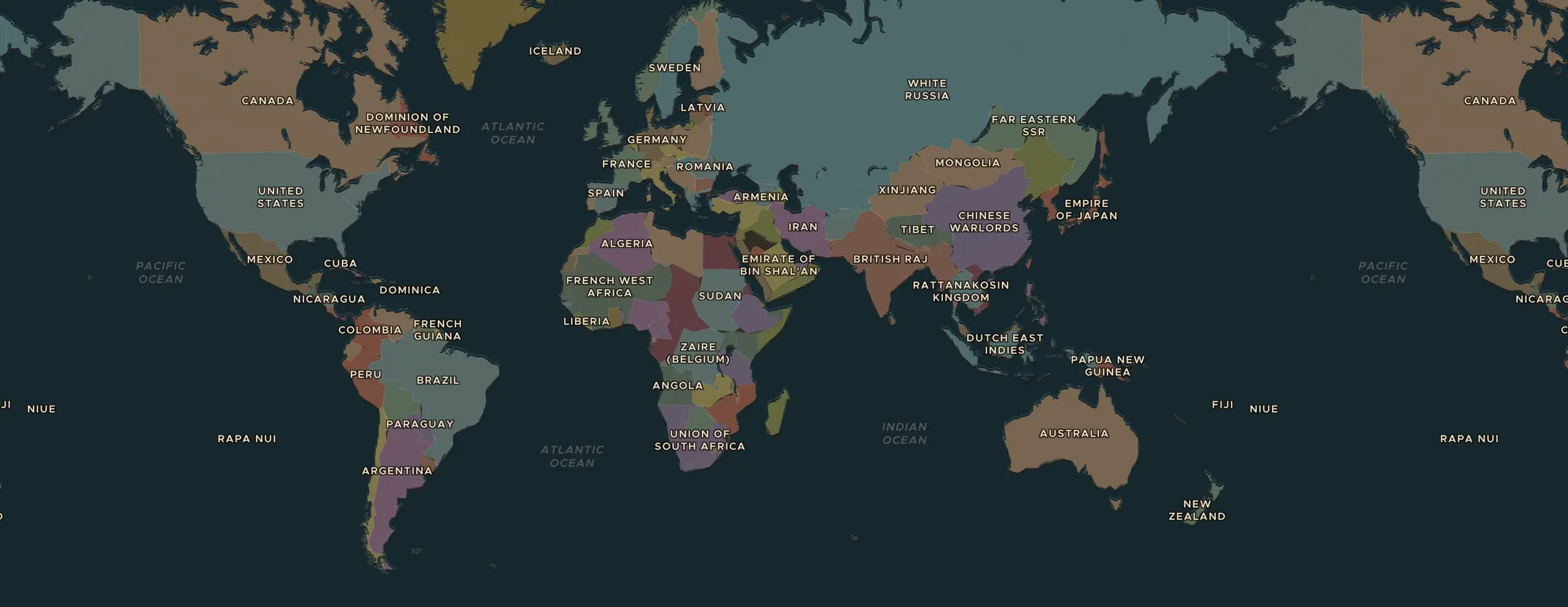 De ChronoAtlas-kaart in 1920 n.Chr., met de plekken uit deze les