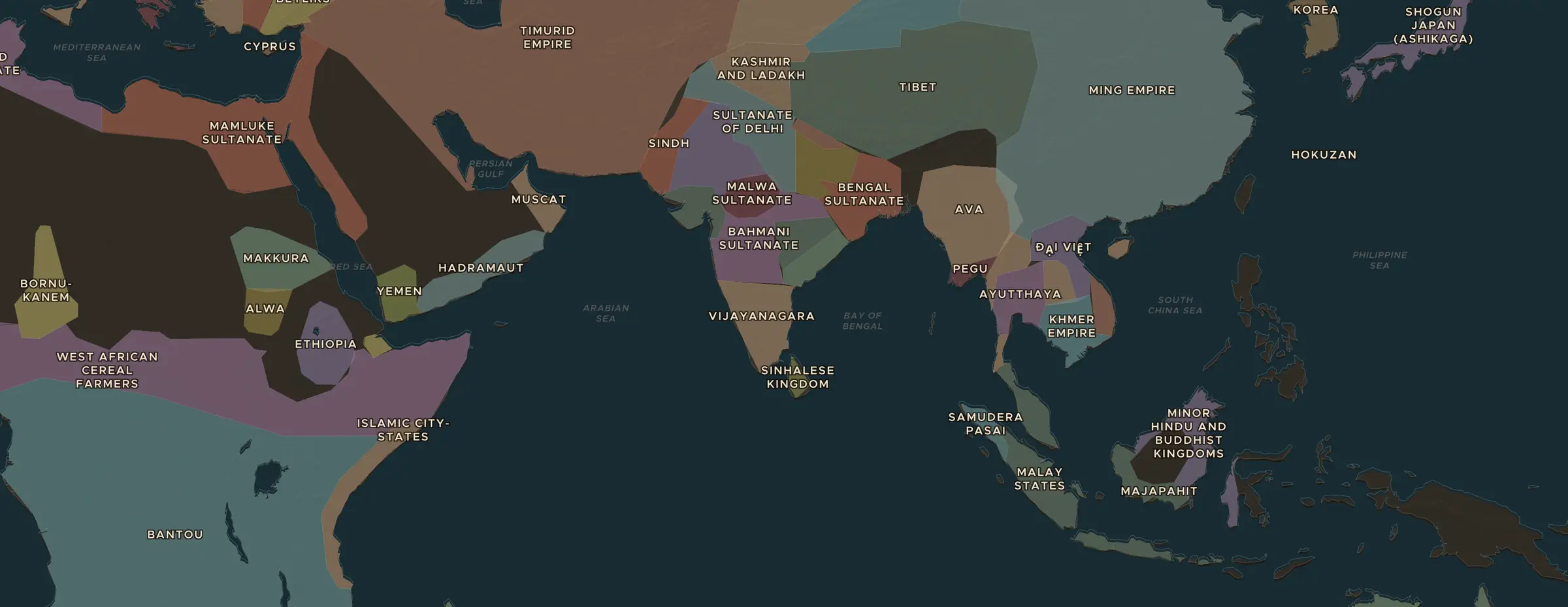 De ChronoAtlas-kaart in 1405 n.Chr., met de plekken uit deze les