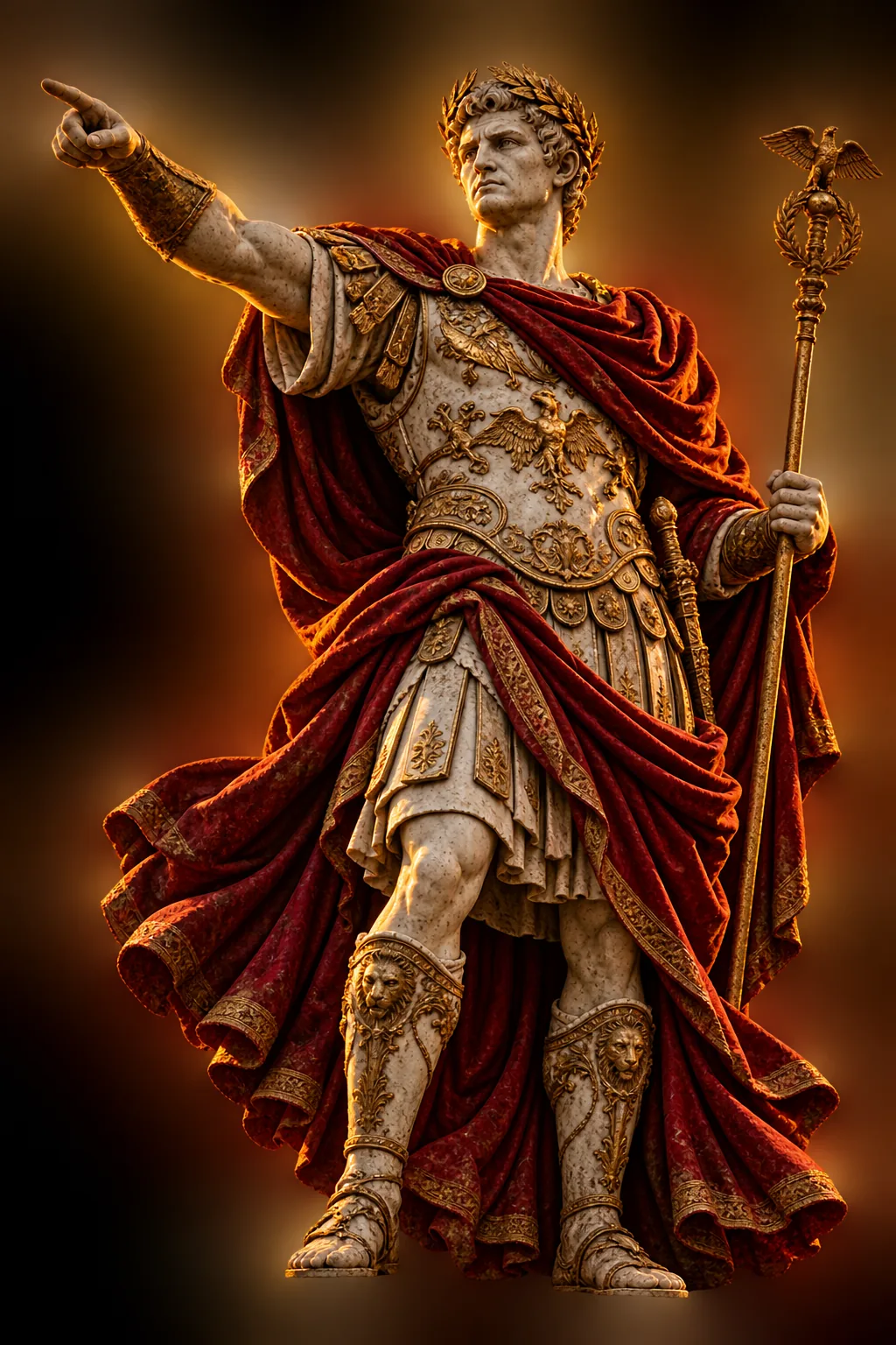 Marble statue of emperor Augustus in a red cloak, pointing ahead